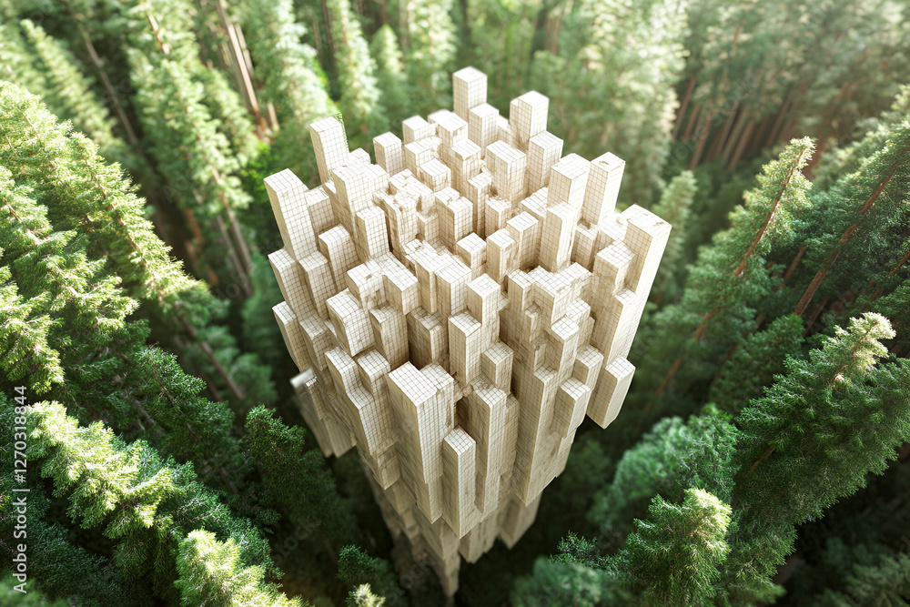 Aufkleber abstract forest block: an aerial view reveals a dense forest canopy surrounding an abstract cube str