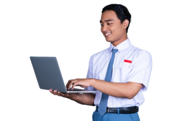 Indonesian Male High School Student in Uniform Smiling While Holding a Laptop Isolated Transparent
