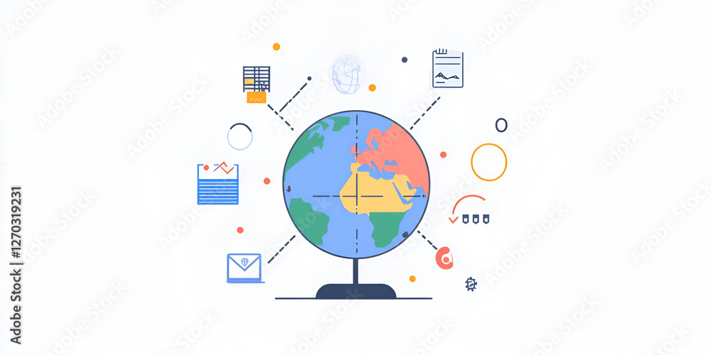 Poster global network and data: a stylized globe with interconnected icons representing various data points