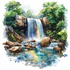Naklejka premium Watercolor painting of a waterfall tumbling down rocks into a crystal-clear pool, with a rainbow in the mist