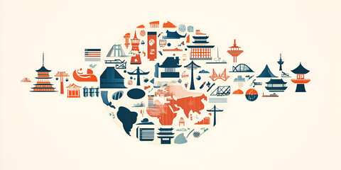 Global Heritage Mosaic: A visually engaging illustration showcases a vibrant mosaic of iconic landmarks and cultural symbols, artfully arranged to form the shape of the earth.