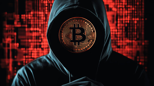 Cyber criminal committing a crime using bitcoin and blockchain technology - Powered by Adobe