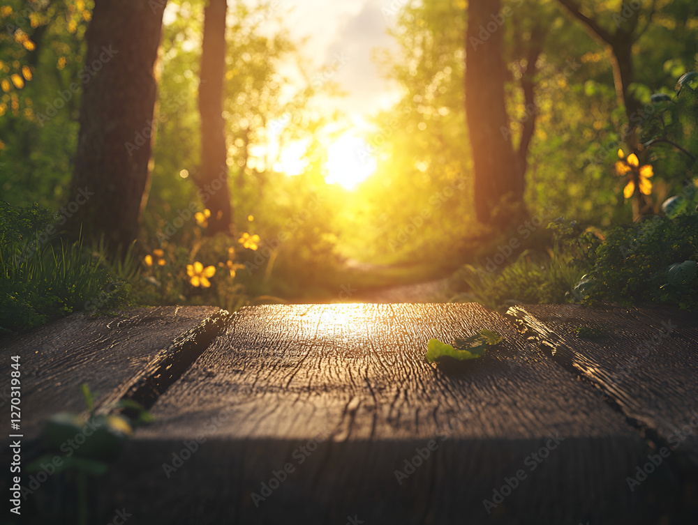 Poster sunlit path to serenity: a low-angle perspective of a wooden path meandering into a sun-drenched for