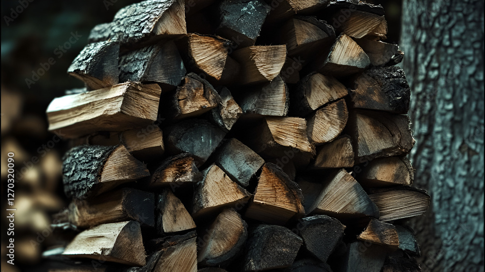 Poster stacked firewood: a rustic pile of neatly stacked firewood, ready for use. the texture of the wood i