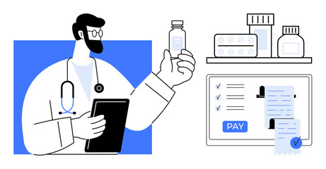Doctor holding a tablet, examining a medication bottle, digital payment system with paid receipt. Ideal for healthcare, telemedicine, online payment, pharmacy services, e-prescriptions, medical