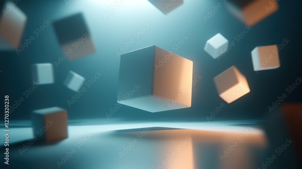 Poster a surreal scene featuring floating cubes in a misty, illuminated environment.