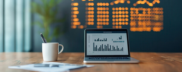 modern office workspace featuring laptop displaying financial graphs, coffee cup, and notepad. background has glowing finance icons, creating professional atmosphere