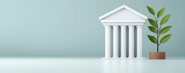 white classical building with columns next to potted green plant symbolizes finance and sustainability. This represents intersection of traditional finance and eco friendly investments