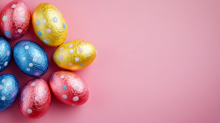Fototapeta premium Colorful Easter Eggs with Polka Dots on Pink Background