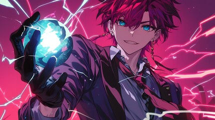A young man with red hair and blue eyes, depicted in an anime style, wears black gloves on his hands and holds a glowing electric ball, Generative AI