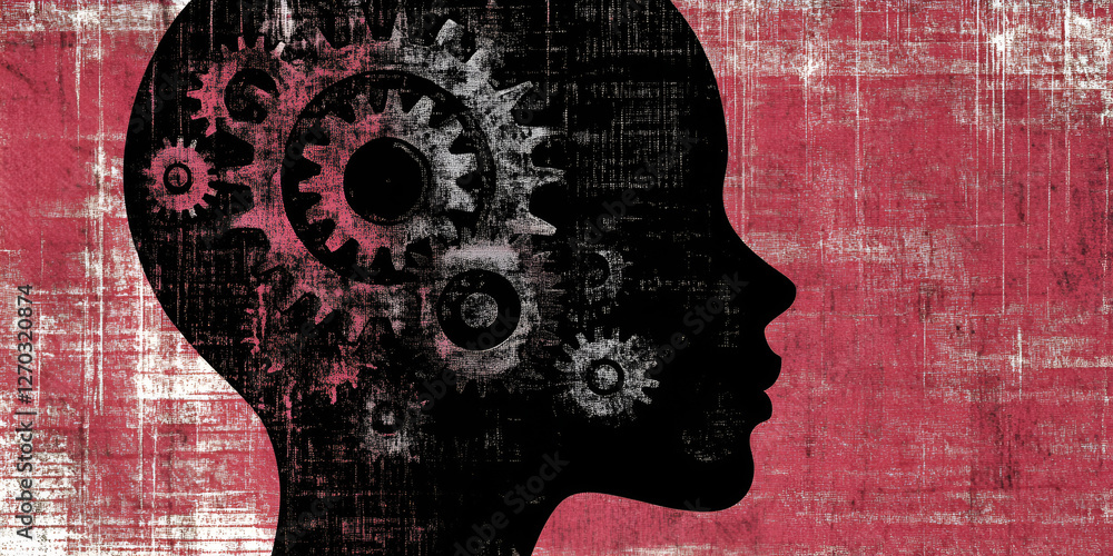 Poster brain in motion: an artistic silhouette of a head, showcasing the intricate inner workings of the mi