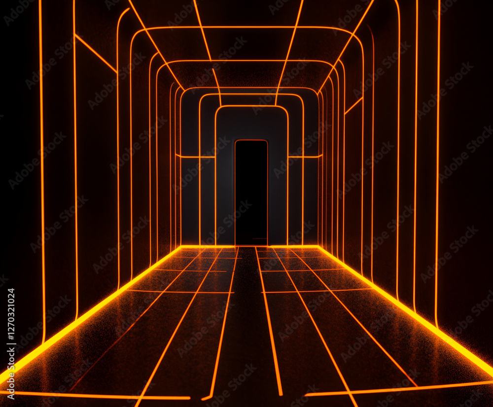 Poster illuminated corridor: a vibrant orange light outlines a futuristic corridor, creating a sense of dep
