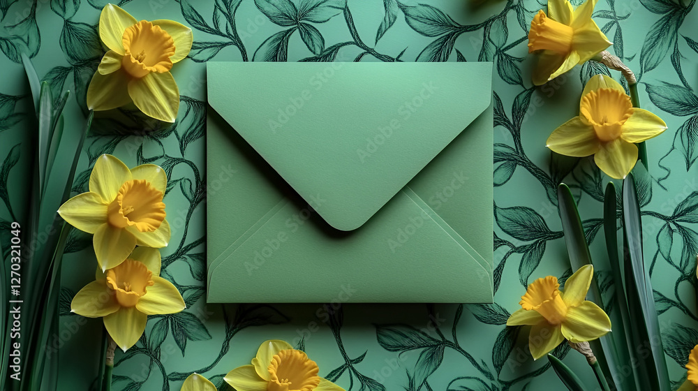 Poster spring's embrace: a captivating composition of a vibrant green envelope artfully arranged amidst an 