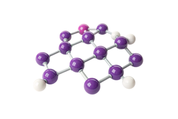 A molecular model with purple spheres linked in a hexagonal structure. White spheres represent atoms at the edges. It resembles a crystalline lattice, isolated on a transparent background