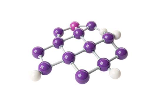 A molecular model with purple spheres linked in a hexagonal structure. White spheres represent atoms at the edges. It resembles a crystalline lattice, isolated on a transparent background