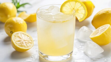 Fototapeta premium Glass of lemonade with ice cubes and lemons on white background