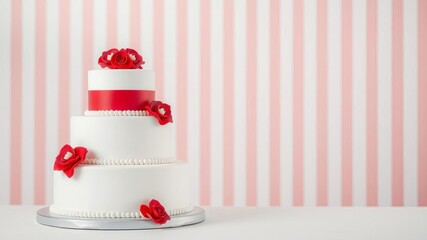 White wedding cake with red stripes on three tiers stands on a cake stand, wedding cake, three tier, confectionery