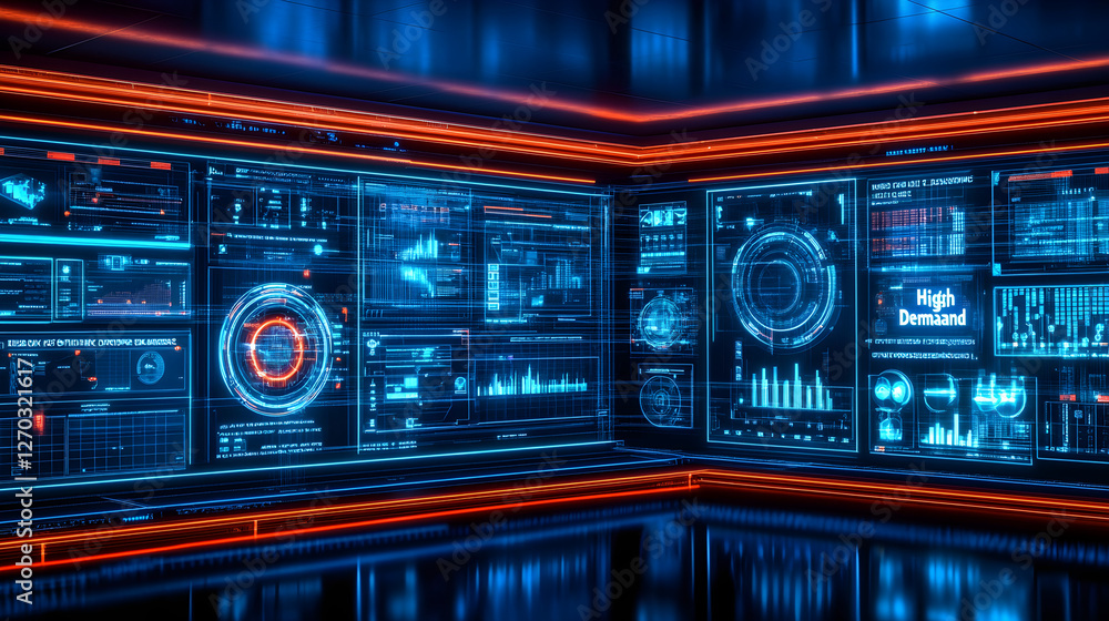 Poster analyzing high demand data visualizations in a futuristic tech environment digital workspace cyberpu