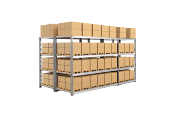 A storage rack filled with brown cardboard boxes, arranged in multiple levels, portraying systematic logistics, bulk storage, isolated on a transparent background