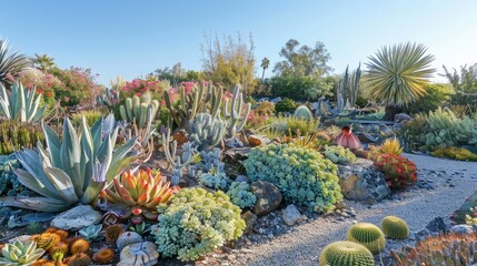 Fototapeta premium Lush Succulent Garden with Diverse Cacti and Succulents in Full Bloom