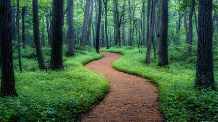Obraz premium Serene Curved Pathway Through Lush Green Forest Landscape
