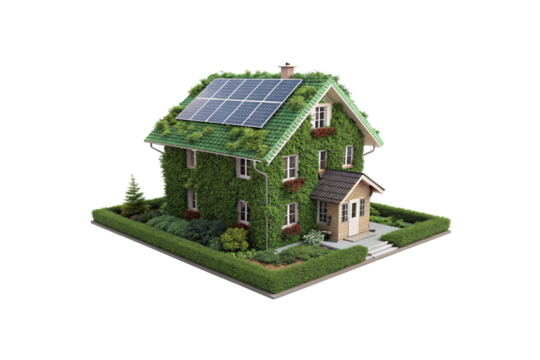 A sustainable home covered in lush vines features solar panels on its roof, surrounded by a manicured hedge and garden, embodying green architecture, isolated on a transparent background