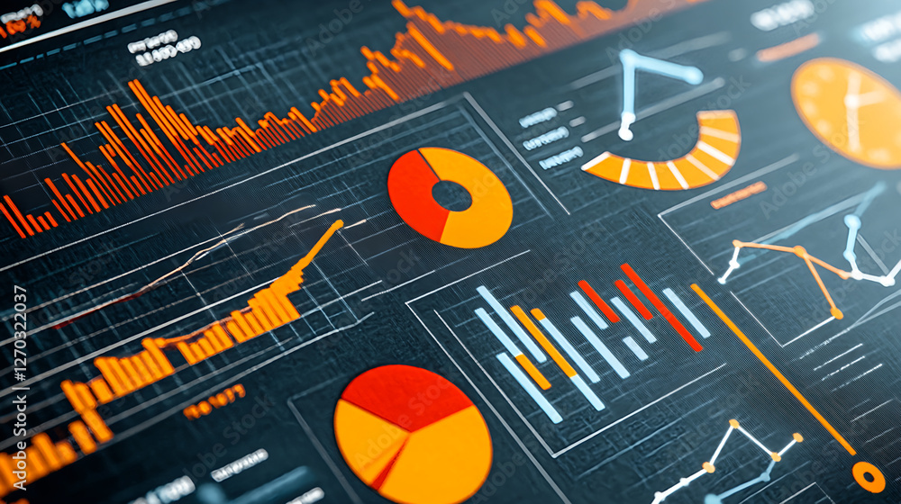 Poster analyzing business data trends virtual office infographic digital environment top-down view data vis