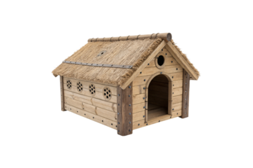 A traditional wooden doghouse with a thatched roof. It has round decorative windows, log-like corner supports, and an arched entrance, isolated on a transparent background