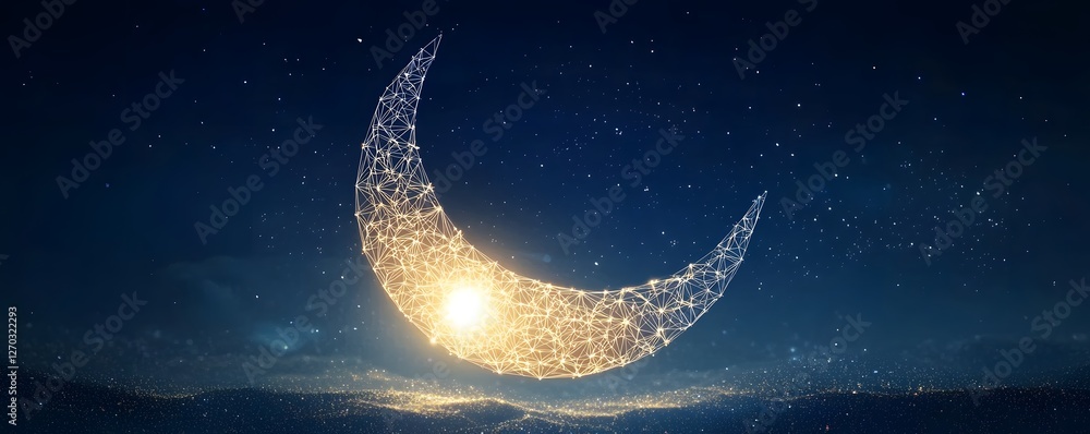 Poster glowing crescent moon constructed from connected nodes and lines shines