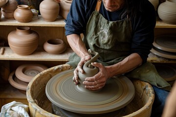 Focused Potter Shaping Clay on Wheel in Studio, Warm Tone, Close-Up Composition, Artistic Craft, Tranquil Scene, Handcrafted Pottery, Creative Process