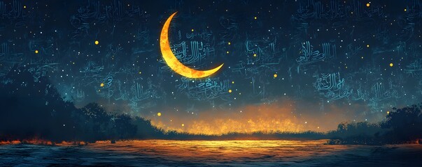 Fototapeta premium Crescent moon and starry night above shimmering water