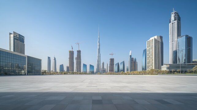 A spacious plaza with distant skyscrapers. Featuring opportunity and serenity