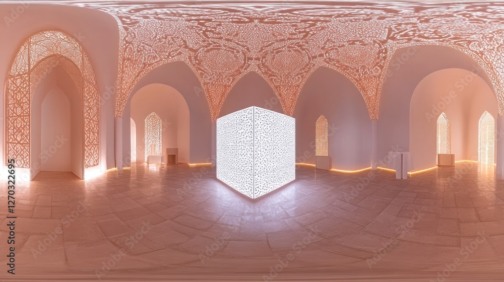 Poster a serene, illuminated room featuring intricate patterns and a central glowing cube.