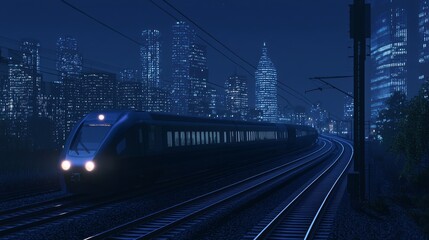 Fototapeta premium Night Train Journey Through City Lights and Urban Landscapes