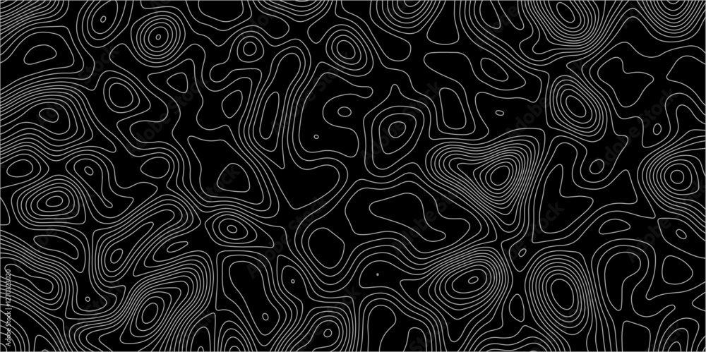 Poster abstract white on black background with topographic line map pattern. abstract wavy and curved lines