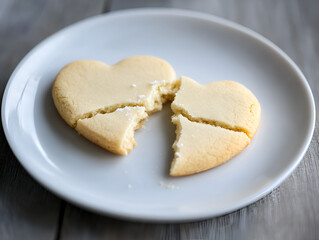 Broken Heart Cookie: A heart-shaped cookie, split in two, symbolizing brokenheartedness, loss, or the end of something sweet, presented on a simple plate against a textured background.