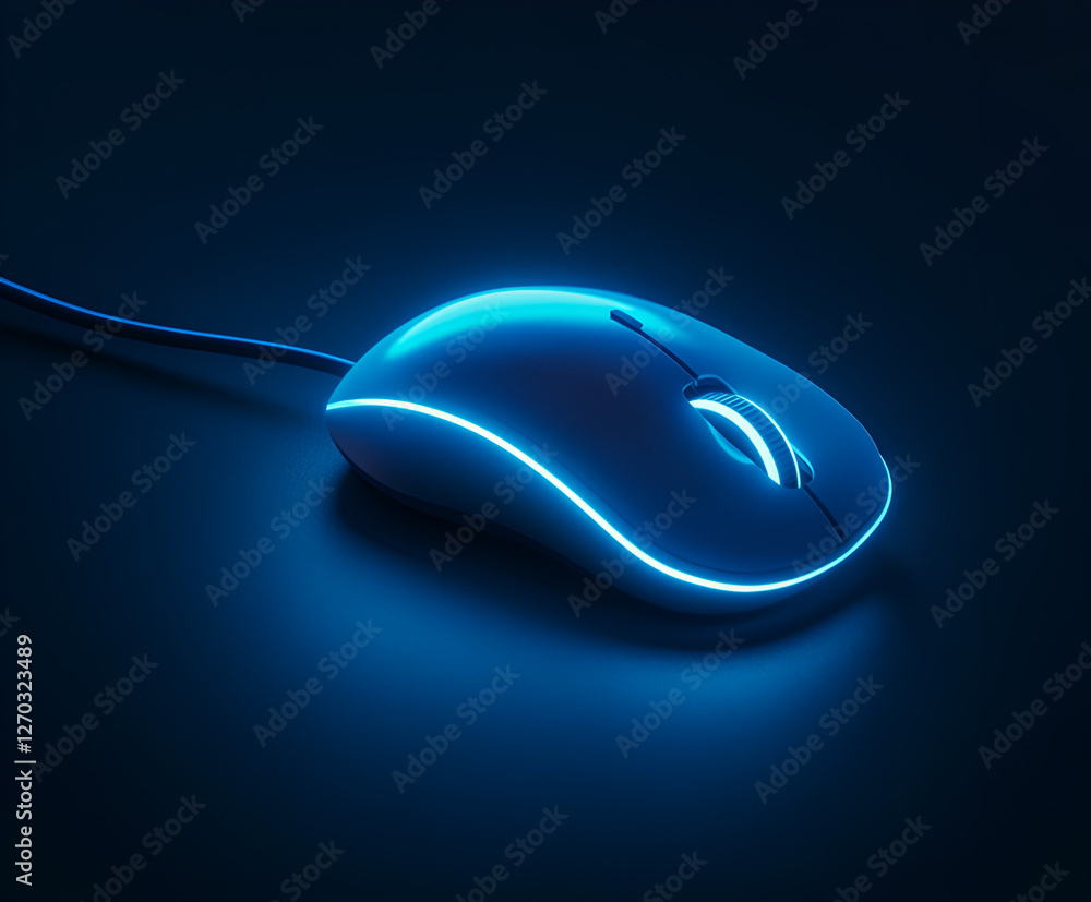 Poster tech device glow: a close-up studio shot captures a modern computer mouse illuminated by an ethereal