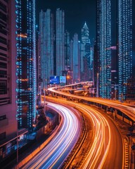 Fototapeta premium Futuristic cityscape featuring blurred traffic trails and matrix styled buildings