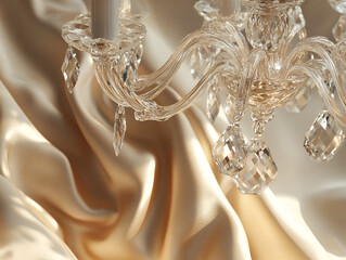 Golden Glow of Luxury: A crystal chandelier sparkles against a backdrop of luxurious, flowing silk. capturing elegance and opulence, evoking a sense of timeless beauty.