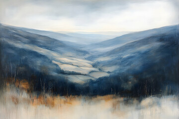 Fototapeta premium Serene landscape painting, misty valley, blue hues, tranquil scene, abstract art, nature, hills, fields, peaceful, calming, moody, atmospheric, artistic, picturesque, countryside, rural.