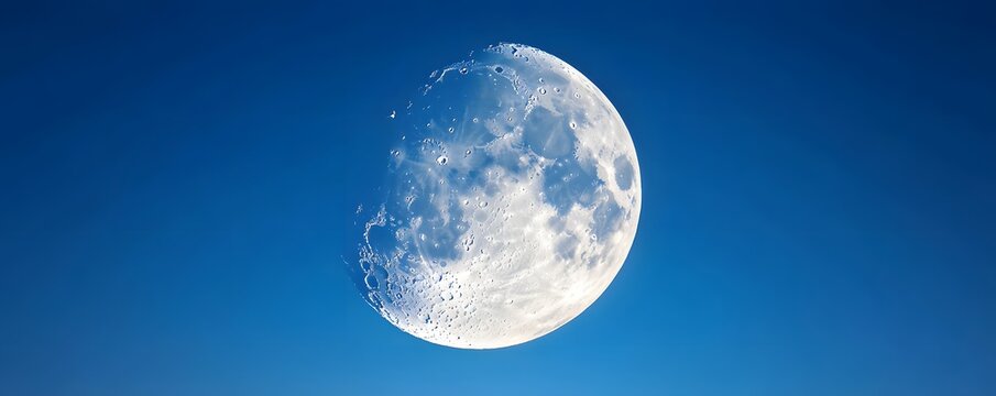 A brilliant waxing gibbous moon shines against a bright blue sky