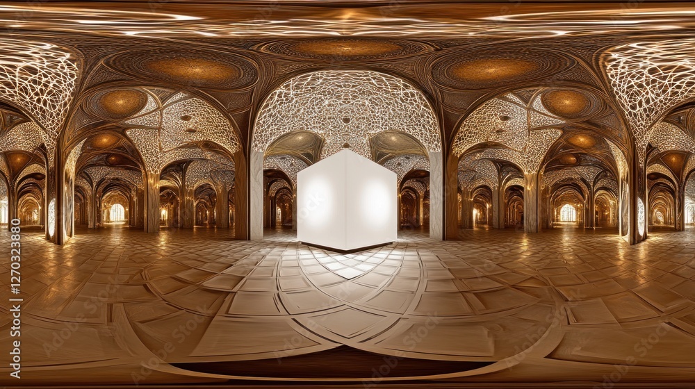 Poster a beautifully designed interior space with intricate architecture and a central display area.