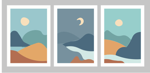 Naklejka premium Set of abstract colorful landscape poster collection with sun, moon, star, sea, mountains, river, plant. Vector flat illustration. Contemporary art print templates, backgrounds for social media