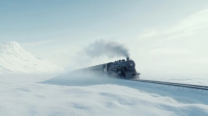 Train Journey Cutting Through Snowy Landscape in Winter