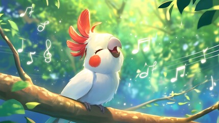 An anime-style illustration of a white cockatoo with red head feathers, singing on a branch in a forest, Generative AI