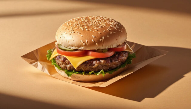 Delicious Burger with Cheese and Vegetables on Brown Paper