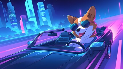 A cute corgi dog with sunglasses, driving in the red convertible car, city background at night, anime style character design, Generative AI