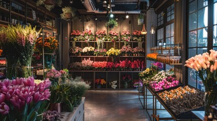 Vibrant Flower Shop Interior with Colorful Bouquets