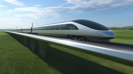 Fototapeta premium High-Speed Train Zipping Across a Green Landscape under Clear Sky