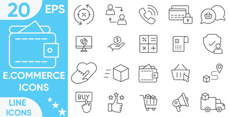 E.commerce icon set.E-commerce, Shopping Delivering, Store, payment, product, search, discounts, offers, customer, delivery, Digital Stores, Mobile Apps and more.Vector and illustrator set.